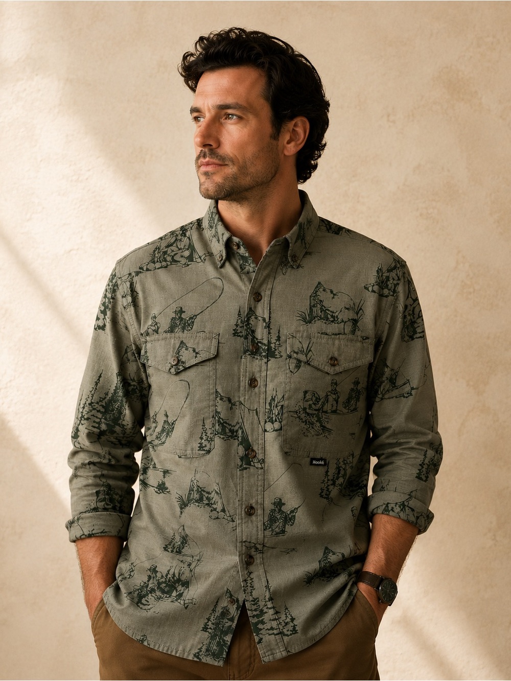 NWOT Hooké Olive Green Outdoor Print Lightweight Button-Up Shirt